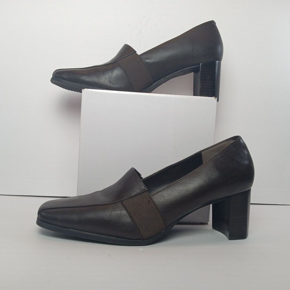 Liz Baker Brown Leather Loafer Pumps Chunky Block Heel Square Toe 10M Y2K